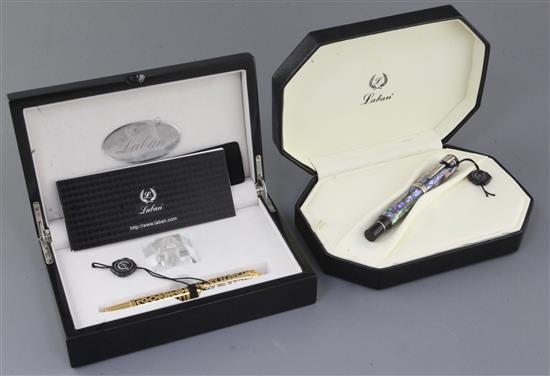 Two Leban fountain pens, Arabia brass and mother of pearl,